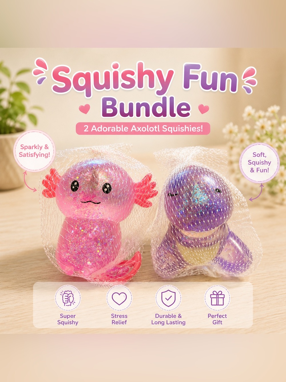 Pink & Purple Glitter Axolotl & Dino Sugar Squish Fidget Sensory Squishy Bundle